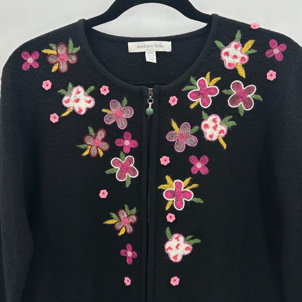Northern Isles Wool Black Floral Embroidered Zip Up Cardigan Sweater Women Med - Picture 3 of 8